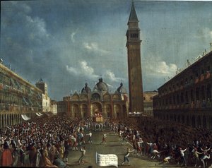 Procesión del dogo y distribución de dinero a los ciudadanos en la Plaza de San Marcos (Il doge portato in corteo in piazza San Marco a Venezia distribuisce denaro ai cittadini). Pintura de Gabriele Bella (ca. 1730-1799). Venecia, Fondazione Querini Stampa de Gabriele Bella
