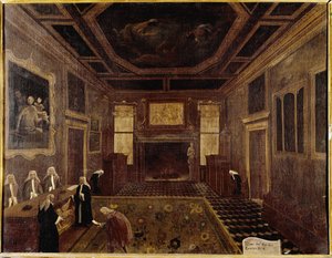 La Sala del Consejo de los Diez en el Palacio Ducal (Venecia, Sala dei Tre Capi del Consiglio dei Dieci) - Pintura de Gabriele Bella (ca. 1730-1799). Venecia, Fondazione Querini Stampalia de Gabriele Bella