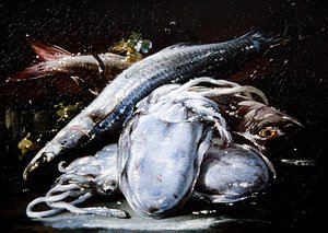 Calamares, salmonetes grises y salmonetes rojos descansando en un saliente de piedra