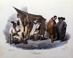 Pequeño oficio de la ciudad de Nápoles: un barbero ambulante y charlando en la calle. Litografía de G. Dura de Gaetano Dura