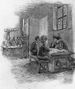 Renzo, Tonio y Gervase en la posada, Capítulo VII, ilustración de Gaetano Previati para 