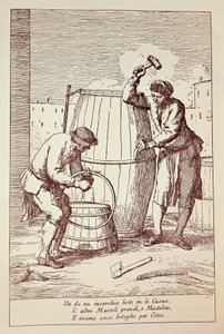 Coopers at work, Grabado de Gaetano Gherardo Zompini (1700-1778) de Las artes de la vida cotidiana en la ciudad de Venecia, Italia