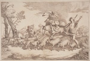 Un viaje pastoral con un niño en una cesta a caballo de Gaetano Zompini, after Giovanni Benedetto Castiglione