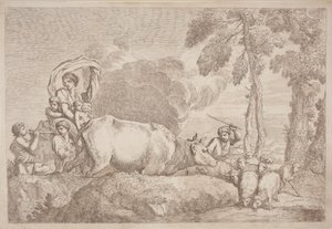 Una mujer con dos niños a caballo de Gaetano Zompini, after Giovanni Benedetto Castiglione