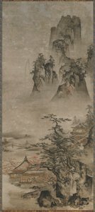Paisaje: montañas, arroyo y casas de Gakuo Zokyu