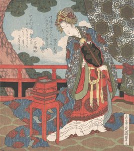 Dama con Abanico de Pie en la Veranda, siglo XIX de Gakutei