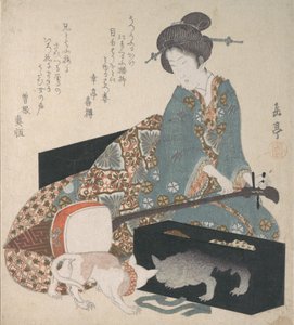 Mujer afinando un shamisen y un gato mirando su propio reflejo, mediados de la década de 1820