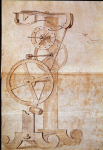 Reloj de péndulo de pesaje estudiado por el astrónomo y físico italiano Galileo Galilei (1564-1642) en 1638 para medir el tiempo. Dibujo. Florencia, Biblioteca Nacional