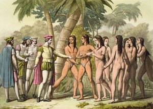 Cristóbal Colón (1451-1506) con Hernando Cortés (1485-1547) recibiendo a una niña nativa americana como regalo, de 