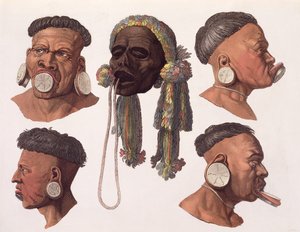 Cabezas de indios Botocudos (grabado en color)