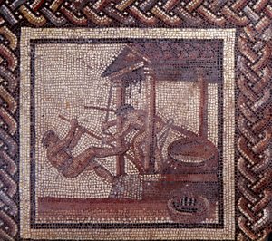 Arte Galo-Romano: pavimento de mosaico que representa un calendario rústico. Una prensa de aceite. Finales del siglo II, principios del siglo III d.C. De Saint-Romain-en-Gal (Ródano). Saint Germain en Laye, Museo Nacional de Arqueología de Gallo Roman