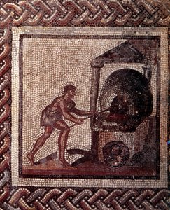 Arte Galo-Romano: pavimento de mosaico que representa un calendario rústico. Escena de elaboración de pan. Finales del siglo II, principios del siglo III d.C. De Saint-Romain-en-Gal (Rhone). Saint Germain en Laye, Museo Nacional de Arqueología de Gallo Roman