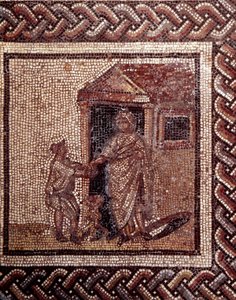 Arte Galo-Romano: pavimento de mosaico que representa un calendario rústico. Escena de celebración. Finales del siglo II, principios del siglo III d.C. De Saint-Romain-en-Gal (Rhone). Saint Germain en Laye, Museo Nacional de Arqueología de Gallo Roman
