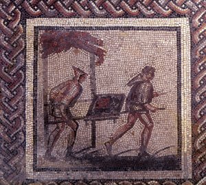 Arte Galo-Romano: pavimento de mosaico que representa un calendario rústico. Escena de transporte de estiércol. Finales del siglo II, principios del siglo III d.C. De Saint-Romain-en-Gal (Rhone). Saint Germain en Laye, Museo Nacional de Arqueología de Gallo Roman