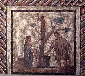 Arte Galo-Romano: pavimento de mosaico que representa un calendario rústico. Escena de sacrificio en Ceres y Apolo. Finales del siglo II, principios del siglo III d.C. De Saint-Romain-en-Gal (Rhone). Saint Germain en Laye, Museo Nacional de Arqueología de Gallo Roman