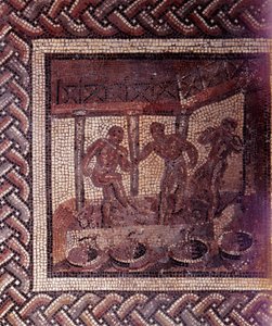 Arte Galo-Romano: pavimento de mosaico representando un calendario rústico. Escena de pisado de uvas en una cuba