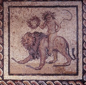 Arte Galo-Romano: pavimento de mosaico representando un calendario rústico. Alegoría del verano sobre un león