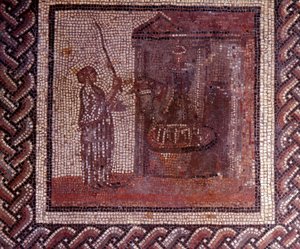 Arte Galo-Romano: pavimento de mosaico que representa un calendario rústico. La obra tiene la rueda de molienda. Finales del siglo II, principios del siglo III d.C. De Saint-Romain-en-Gal (Rhone). Saint Germain en Laye, Museo Nacional de Arqueología de Gallo Roman