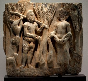 Intercambio de ropa con un cazador. Bajo relieve esculpido, arte de Gandhara (Pakistán), siglo II-III. Museo Nacional de Corea, Seúl (Corea del Sur) de Gandhara School