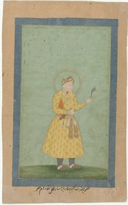 Retrato de Akbar, de pie, sosteniendo un penacho de plumas de Gangaram (attributed to)