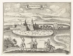 Vista de Levice Imágenes topográficas de Austria, Hungría y los Balcanes (título de serie) Breve descripción, y aen-wysinghe der plaetsen in desen boeck, con sus palabras teghen, de pie, pertinentemente uyt-ghebeldt, en Oostenryck (serie
