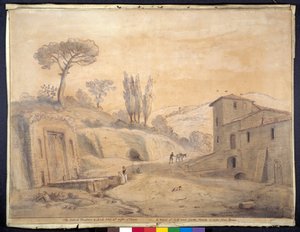 La fuente antigua y el arco en Grottaferrata, Roma de Gaspar van Wittel