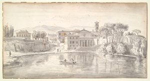 Iglesia y casas a lo largo de un río de Gaspar van Wittel
