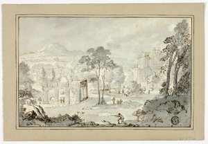 Cazador con perro, otras figuras en paisaje con villa, canal, pirámide de Gaspar van Wittel