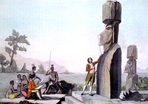 La Perouse con su tripulación, midiendo las estatuas de la Isla de Pascua (1786), grabado de Gaspard (after) Duche de Vancy