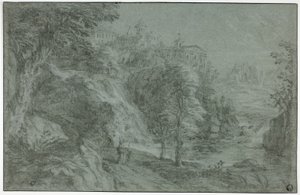 Paisaje italianizante con iglesia en un acantilado de Gaspard Dughet