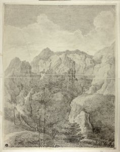 Paisaje montañoso con dos figuras en primer plano de Gaspard Dughet