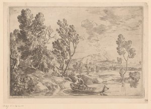 Paisaje de río con hombre en balandra de Gaspard Dughet