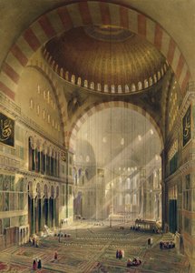 Haghia Sophia, lámina 24: interior de la cúpula central con candelabros bajados (grabado por Louis Haghe, publicado en 1852) de Gaspard Fossati