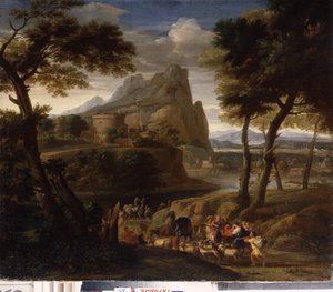 ""Paisaje con grupo de viajeros"" (Paisaje con caravana) Pintura de Gaspard Dughet (1615-1675) Museo estatal al aire libre del siglo XVII Palacio Gatchina, San Petersburgo de Gaspard Poussin Dughet