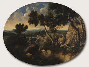 Paisaje rocoso con cazadores, c.1635 de Gaspard Poussin Dughet
