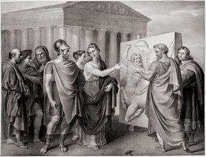 El político ateniense Pericles y su compañera Aspasia dirigen el trabajo de Fidias para el Partenón en Atenas de Gaspare Landi