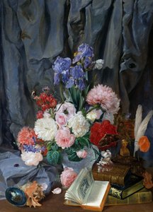Bodegón con jarrón de flores cortadas, conchas y libros, de Gaspare Mattioli, óleo sobre lienzo, Italia de Gaspare Mattioli