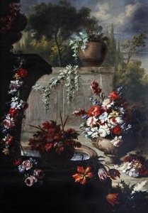 Naturaleza muerta de flores en jarrones ornamentales