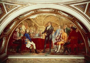 Alessandro Volta (1745-1827) mostrando su pila recién inventada a Napoleón (1769-1821) en el Instituto de Francia en París, el 7 de noviembre