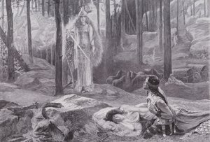 La Revelación (Brunilda descubriendo a Sieglinde y Siegmund) (litografía) de Gaston Bussiere