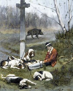 El cazador y sus perros dormidos - grabado por Gaston Gelebert de Gaston Gelibert