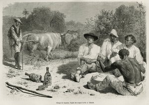 Un grupo de vaqueros jugando a las cartas y bebiendo alcohol, cerca de sus rebaños de bueyes, grabado según un dibujo de G.Vuillier, para ilustrar la historia De Cayena a los Andes, por Jules Crevaux, médico de la marina francesa, en 1878-1879, publicado e de Gaston Vuillier