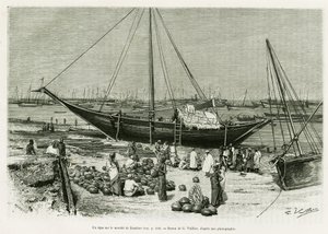 Un tepe en el mercado de Zanzíbar (Tanzania). Grabado de G.Vuillier, para ilustrar la historia Viaje entre los Benadirs, Somalíes y Bayouns, en 1882 y 1883, de G.Revoil, en Le Tour du Monde 1888, dirigido por Edouard Charton (1807-1890), Hachette, París.