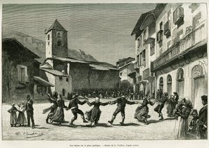 Bailes en la plaza pública. Grabado de G.Vuillier, para ilustrar la historia El valle de Andorra, de Gaston Vuillier, en Le Tour du Monde 1888, dirigido por Edouard Charton (1807-1890), Hachette, París.