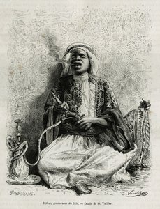 Retrato de Djohar, gobernador del djof (agrupación de 7 u 8 aldeas, construidas a una distancia de 10 minutos entre sí, en línea), fumando narguile. Grabado por G. Vuillier, ilustración de la historia “Peregrinaje al Nedjed, cuna de la raza árabe”, por Lad de Gaston Vuillier