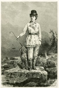 Retrato de Madame Marie De Ujfalvy-Bourdon, en traje de viaje, con su perro, casada con el etnólogo lingüista y explorador Charles Eugene Ujfalvy (1842-1904), lo acompañó en todas sus expediciones. Grabado de G.Vuillier.