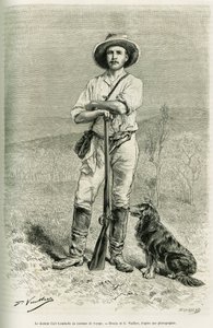 Retrato del viajero autor Carl Lumholtz. Grabado por G. Vuillier, para ilustrar la historia Chez les cannibales, viaje en el noreste de Australia de Gaston Vuillier