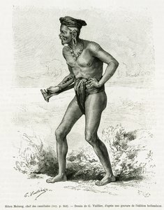 Sibou Mobang, jefe de caníbales. Grabado por G. Vuillier, para ilustrar la historia 
