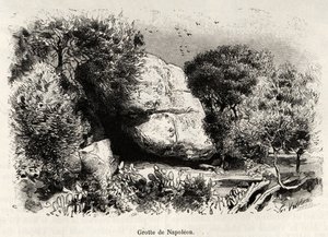 La cueva de Napoleón, donde Napoleón Bonaparte (1769-1821) solía refugiarse de niño para estudiar y meditar. Grabado e historia “Córcega” de Gaston Vuillier (1890) de Gaston Vuillier