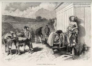 La fuente del Rossello, en Sassari (Italia). Actividades diarias, mujer llenando una criche y aguadores con sus burros, llenando sus barriles. Ilustración de “La Sardaigne” por Gaston Vuillier (1845-1915), en 1890, en Le tour du monde, nouveau journal des  de Gaston Vuillier